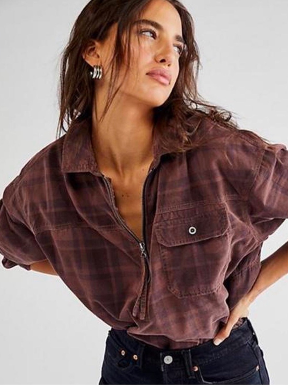 We Free People Brown Plaid Half-Zip Utility Top